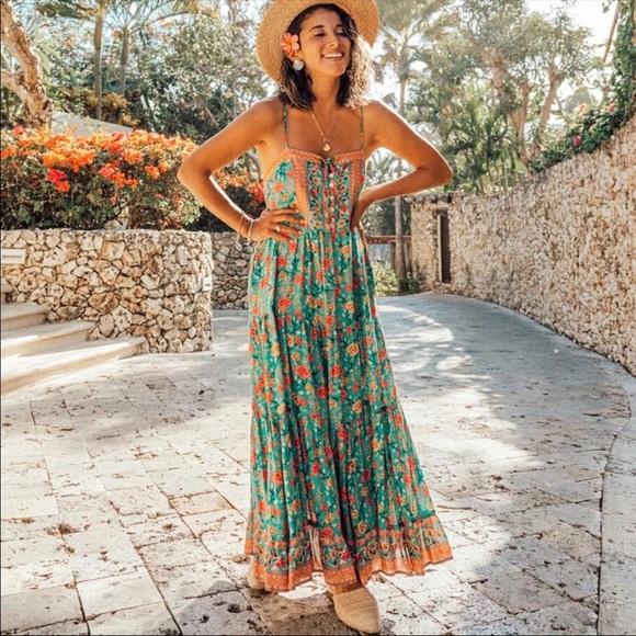 Dresses & Skirts - Boho Gypsy Floral Tiered Maxi Dress Blue Yellow